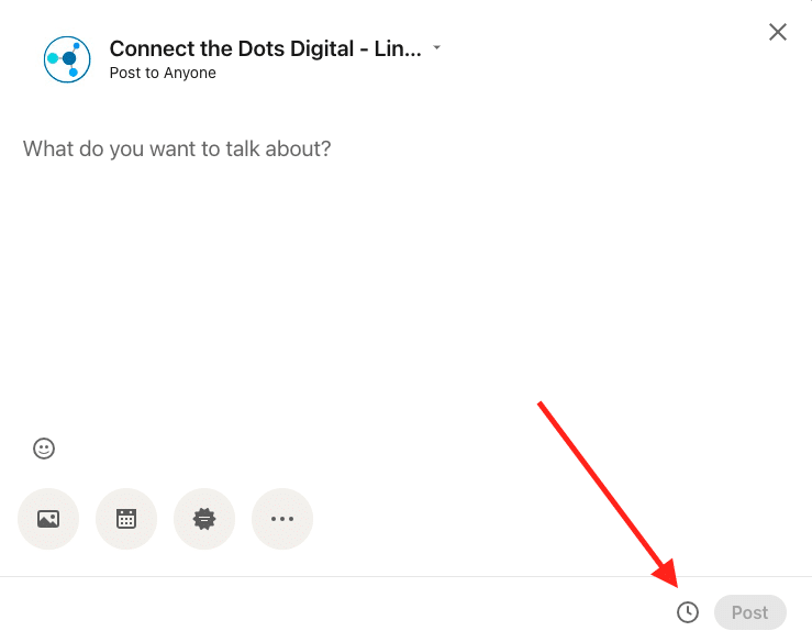 This is a screenshot from a LinkedIn company page showing where you can schedule a post.